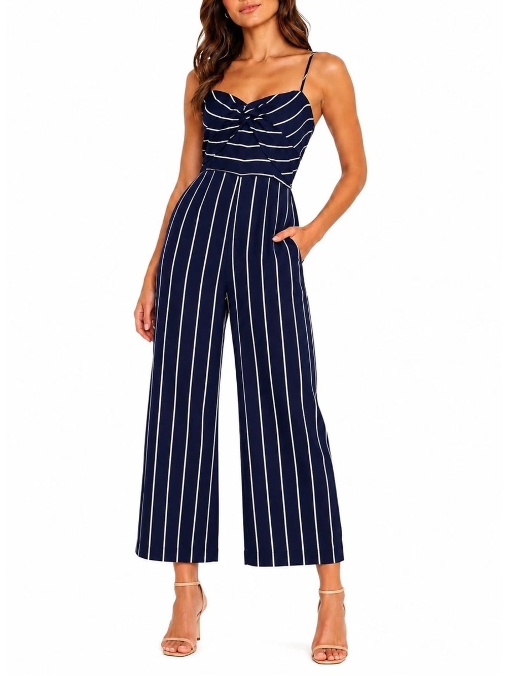 Bardot Navy and White Vertical Stripe Twisted Front Jumpsuit Size Medium